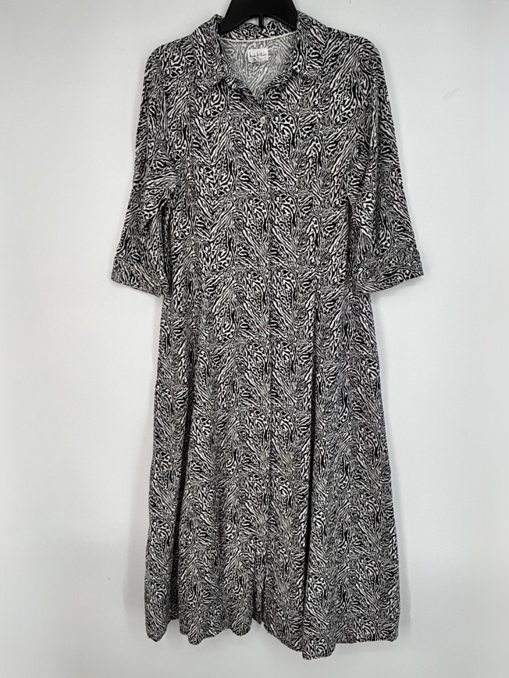 Nicole Miller Womens Large Button Front Shirt Dress Black White Linen Blend